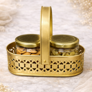 Elegant gold basket with jars of nuts