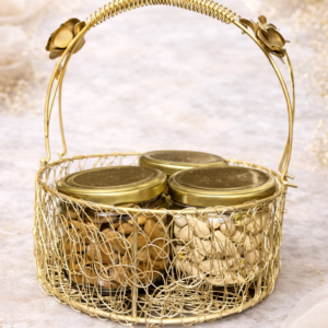 Gold basket with jars of nuts