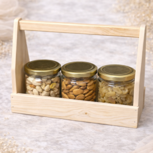 Wooden caddy with mixed nuts and raisins